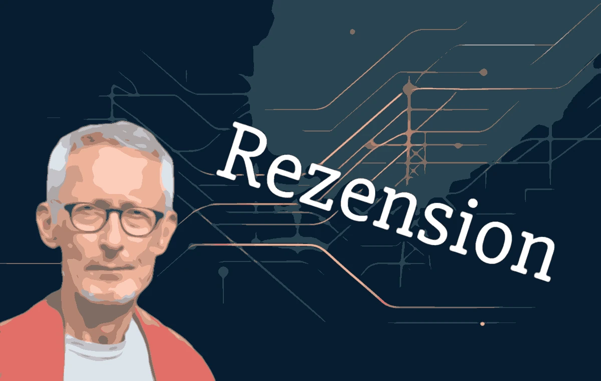 Porträt von Michael Mansion vor einem abstrakten Energiewende-Hintergrund, mit dem Text „Rezension“.